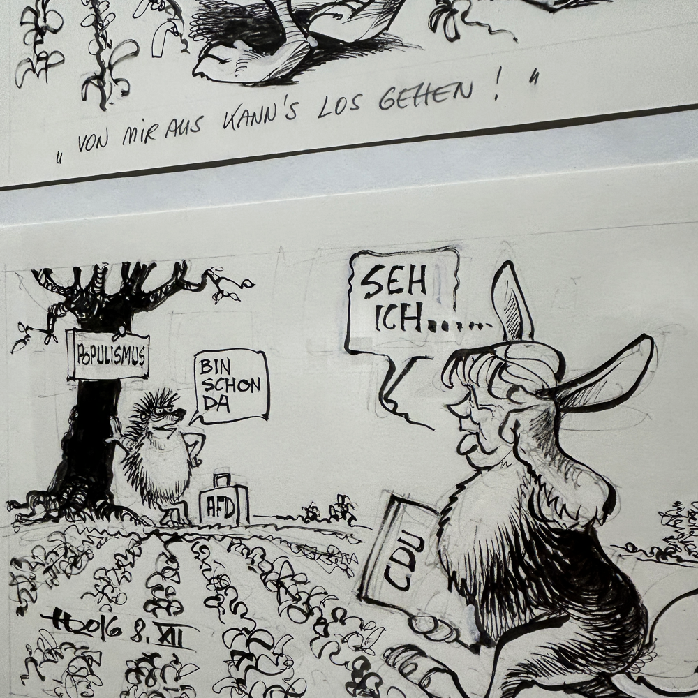 Tuschezeichnung von Horst Haitzinger in der Sonderausstellung im Fränkischen Museum in Feuchtwangen